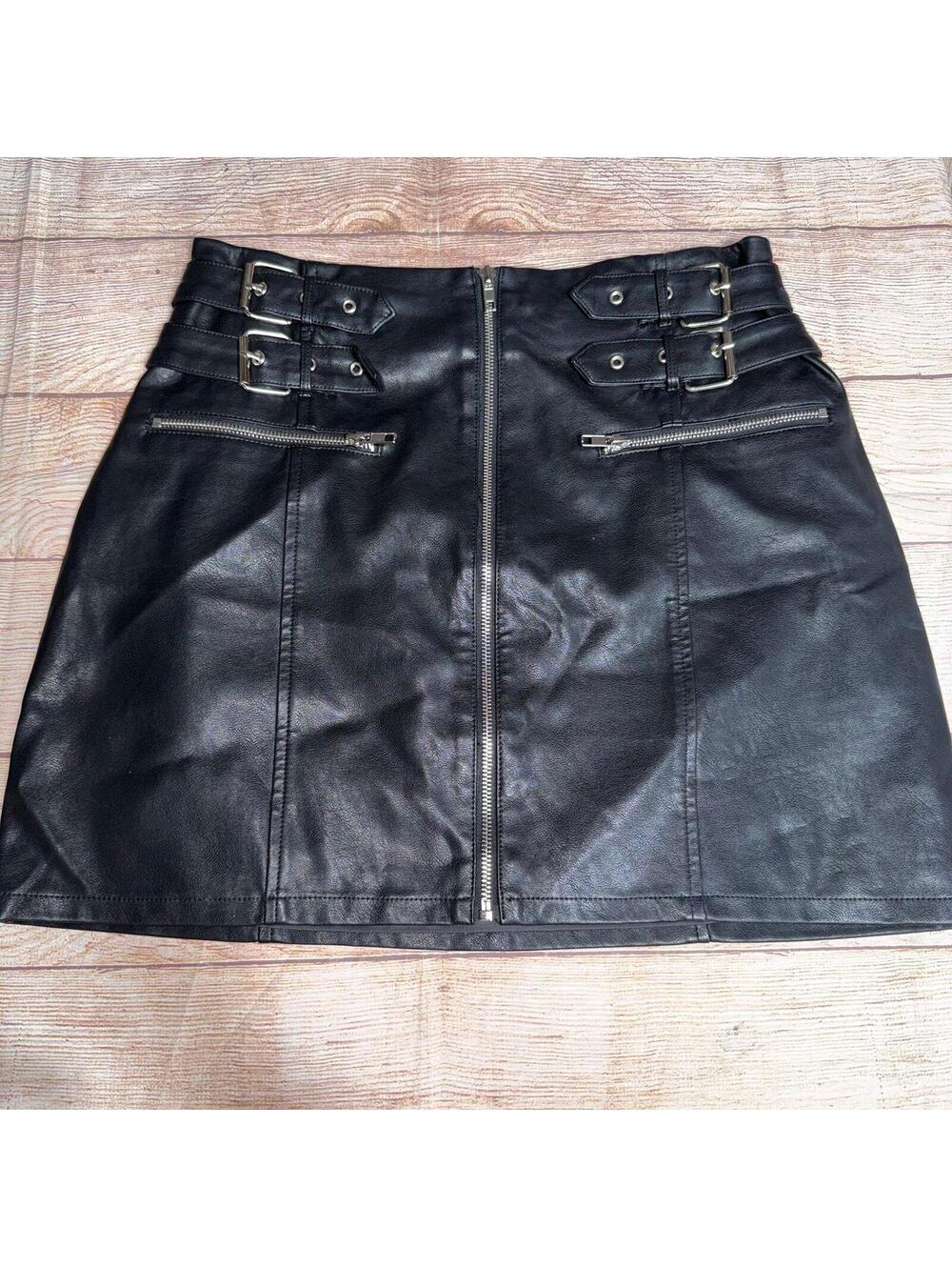 Forever 21 Small Black Faux Leather Mini Skirt with Buckle Detail
